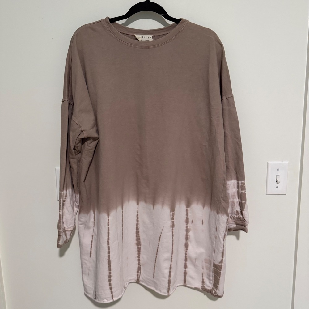 Dress Up Womens Small Taupe Tie Dye Long Sleeve Oversized Tunic Top Raw Hem